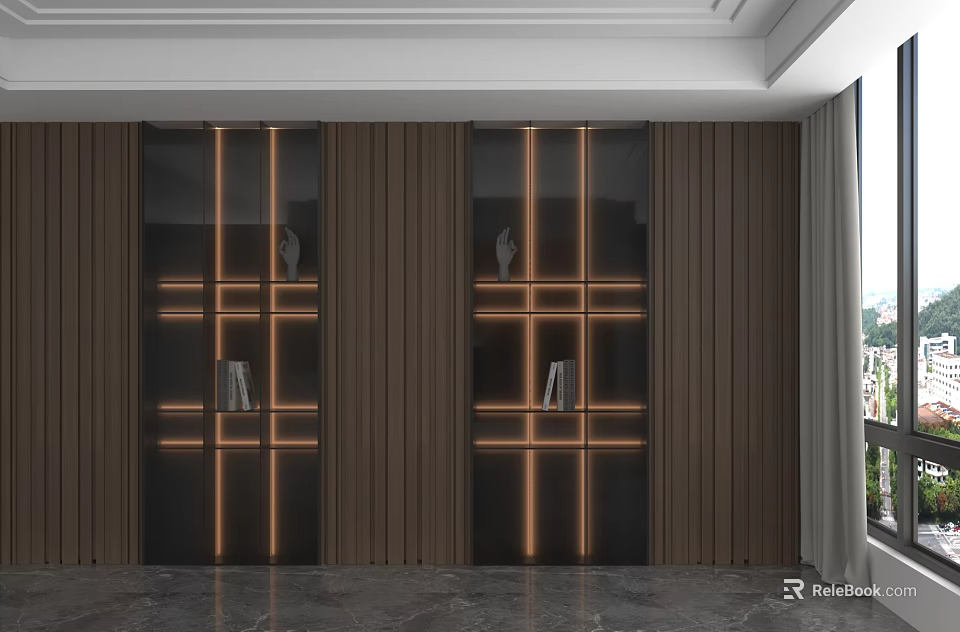 Modern Interior Wooden Storage Cabinet With Glass Doors And Built In Lighting 3d model 