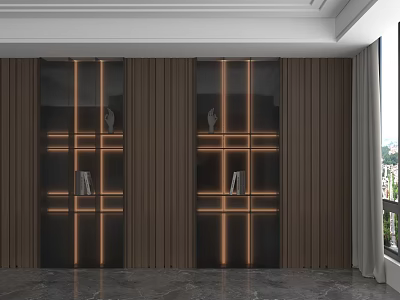 Modern Interior Wooden Storage Cabinet With Glass Doors And Built In Lighting 3d model