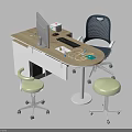 Light Wooden Office Desk With Computer Monitor Keyboard Blue Chair And Green Stools