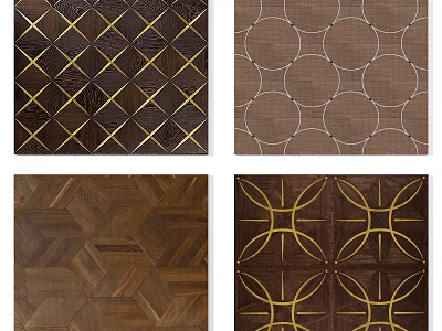 Wooden Flooring With Diverse Design Patterns Including Herringbone Circular And Diamond Shapes With Gold Accents 3d model