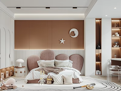 Cozy Kids Room Interior With Brown Walls Moon Star Decor Pink Headboard And Toys 3d model