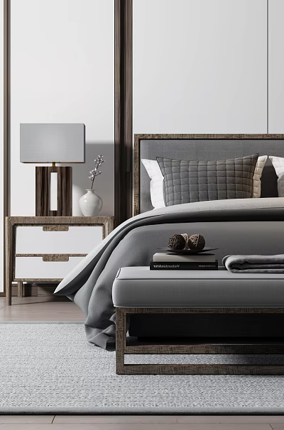 Modern Bedroom Interior Design With Background Double Bed Gray Headboard And Table Lamp 3d model