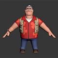 Smiling Male 3D Character With Gray Hair Red Shirt Beige Vest And Open Arms Pose