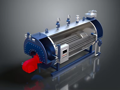 Industrial Horizontal Heating Boiler With Stainless Steel Body Pipes Valves Control Panel And Red Connector 3d model