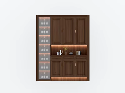 Dark Brown Wooden Wine Cabinet With Glass Door Glasses LED Lighting Countertop And Decorative Items 3d model