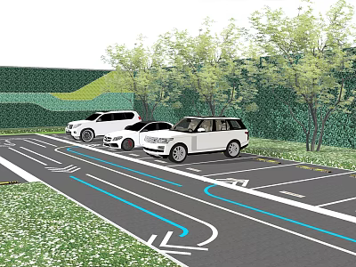 Well Designed Parking Lot With White Cars Green Trees And Blue Arrow Lines 3d model