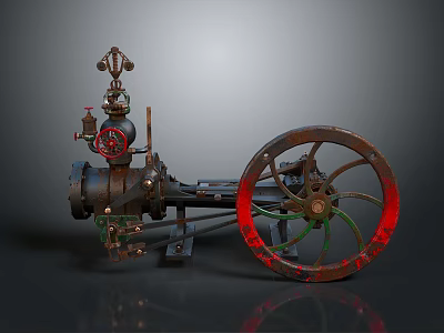 Vintage Steam Engine Equipment With Large Red Wheel And Metal Pipes 3d model