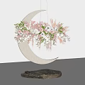 Floral Display with Hanging Crescent Moon Shape and Pink White Green Flowers on Stone Base