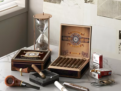 Decorative Ornament Set With Hourglass Cigar Box Tobacco Pipe Cigars And Lighter Tools 3d model