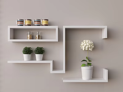 White Wall Shelves on Grey Wall with Striped Jars Bottles Green Plants and White Hydrangea 3d model