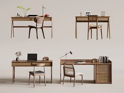 Modern Wooden Desk With Chair Table Lamp Laptop Storage Basket And Plant 3d model