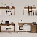 Modern Wooden Desk With Chair Table Lamp Laptop Storage Basket And Plant