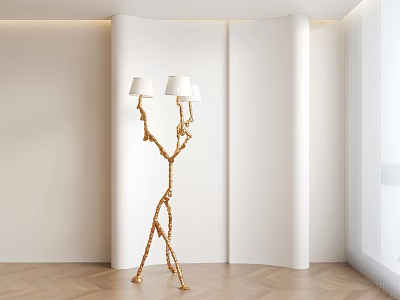 Golden Branch Like Floor Lamp In Modern Room With White Wall And Wooden Floor 3d model