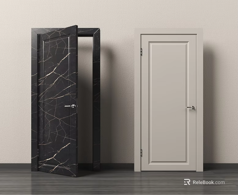Swing Doors in Black Marble Texture and Light Gray Design with Door Frames 3d model