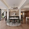 Cozy Living Dining Room Interior With Marble Fireplace Built in Bookshelves And Ceiling Fan