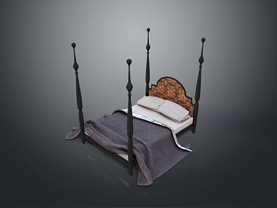 Four Poster Bed With Ornate Headboard Black Bedposts And Bedding 3d model