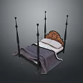 Four Poster Bed With Ornate Headboard Black Bedposts And Bedding 3d model