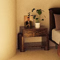 Wooden Bedside Table With Cylindrical Legs White Planter Green Plant And Portrait Painting Near Bed
