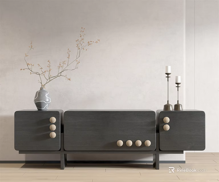 Modern Gray TV Stand with Drawers Round Knobs Vase and Candle Holders 3d model