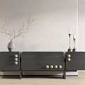 Modern Gray TV Stand with Drawers Round Knobs Vase and Candle Holders 3d model