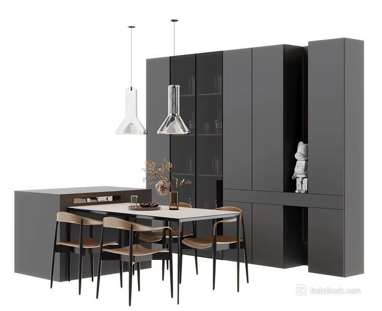 Modern Dining Table Set with Gray Cabinets and Pendant Lights 3d model