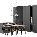 Modern Dining Table Set with Gray Cabinets and Pendant Lights 3d model