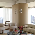 Modern Living Dining Room Interior With Wooden TV Wall Plush Sofa And Coffee Table