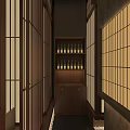 Japanese Restaurant Interior With Red Awning Wooden Structure Lantern Pendant Lights And Booth Seating