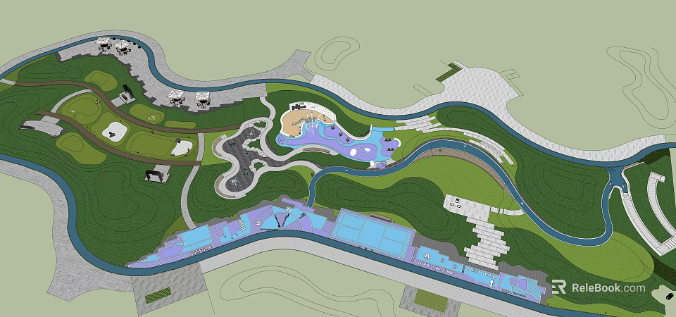 Park Landscape Design With Winding Paths Green Spaces And Water Features 3d model