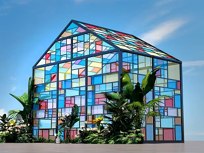 Colorful Stained Glass House Surrounded by Lush Plants Under Clear Blue Sky 3d model