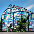 Colorful Stained Glass House Surrounded by Lush Plants Under Clear Blue Sky