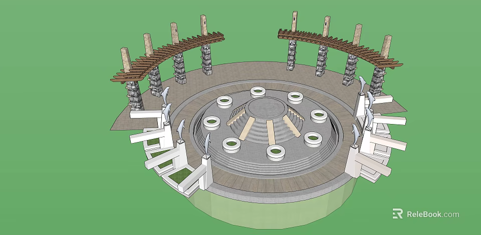 Circular Garden Ornamental Feature With Wooden Pergola Structures Stone Pillars And Concentric Planting Areas 3d model 
