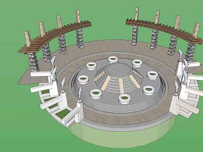Circular Garden Ornamental Feature With Wooden Pergola Structures Stone Pillars And Concentric Planting Areas 3d model