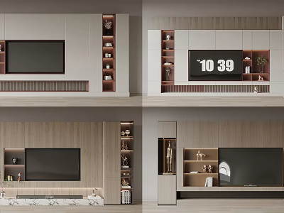 Modern TV Wall Unit Design With Wooden Storage Shelves Built-in TV And Display Cabinets 3d model