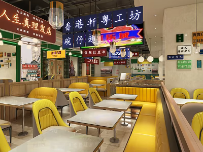 Vibrant Hong Kong Restaurant Interior With Neon Signs Yellow Chairs And Tables 3d model