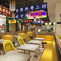 Vibrant Hong Kong Restaurant Interior With Neon Signs Yellow Chairs And Tables