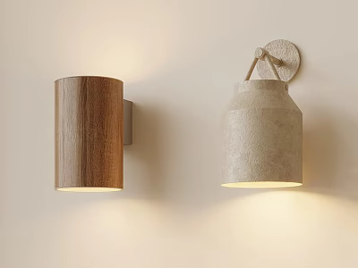 Wooden and Concrete Textured Wall Lamps Mounted on Light Colored Wall with Warm Glow 3d model