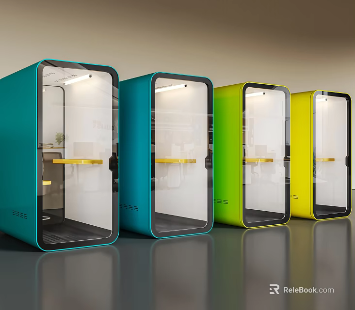 Colorful Transparent Work Booths In Blue Teal Green Yellow With Table And Lighting 3d model 
