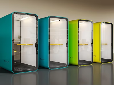 Colorful Transparent Work Booths In Blue Teal Green Yellow With Table And Lighting 3d model
