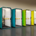 Colorful Transparent Work Booths In Blue Teal Green Yellow With Table And Lighting