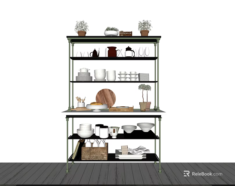 Multi tiered Storage Shelf With Kitchen Dishes Potted Plants Tea Sets And Books 3d model 