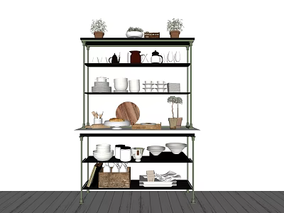 Multi tiered Storage Shelf With Kitchen Dishes Potted Plants Tea Sets And Books 3d model