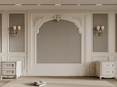 Classic Bedroom Accent Wall With White Ornate Molding Gray Panel Wall Sconces And Nightstands 3d model