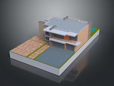Modern Detached Villa Exterior With Terrace Garage And Garden Area 3d model