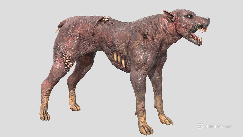 Fierce Reptile with Broken Skin Exposed Bones and Sharp Teeth in Aggressive Posture 3d model 
