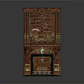 Ornate Carved Fireplace With Red And Gold Design Green Base And Decorative Columns