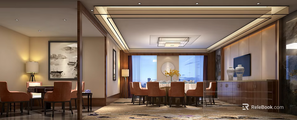 Elegant Private Dining Room Interior With Round Table Chairs Chandelier And Large Windows 3d model