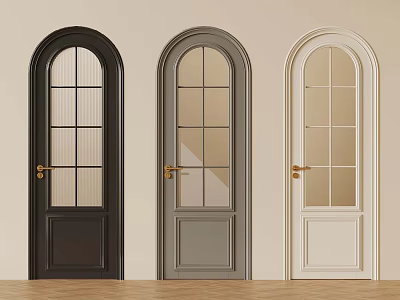 Three Arched Doors In Black Gray White With Glass Panes And Gold Handles 3d model