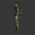 Male Character in Camouflage Uniform and Tactical Vest Standing Against Dark Background with Serious Expression