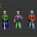 Three Traditional Warrior Figures With Colorful Costumes Holding Swords And Traditional Attire